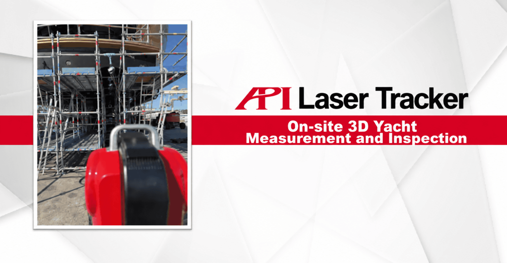 API laser tracker in front of a yacht, with English labels for on-site 3D yacht measurement and inspection.